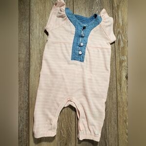 7 For all Mankind Pink and White Striped Blue Trim Baby Romper Size 0-3M